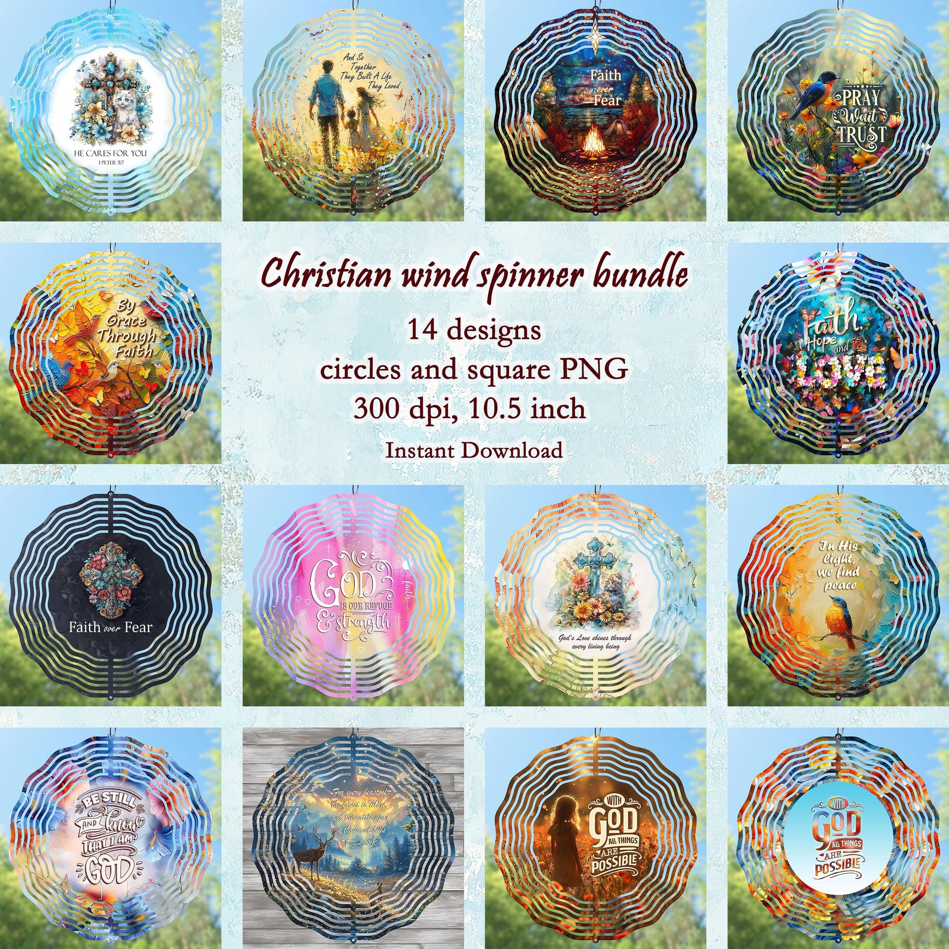 High-resolution Christian wind spinner sublimation design bundle featuring multiple faith-themed PNG designs. Digital files with transparent backgrounds, perfect for creating DIY wind spinners, personalized Christian gifts, outdoor décor, sublimation crafts, and small business projects. Printable designs ready for spiritual and inspirational crafting projects.