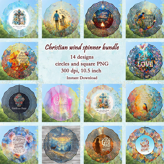 High-resolution Christian wind spinner sublimation design bundle featuring multiple faith-themed PNG designs. Digital files with transparent backgrounds, perfect for creating DIY wind spinners, personalized Christian gifts, outdoor décor, sublimation crafts, and small business projects. Printable designs ready for spiritual and inspirational crafting projects.