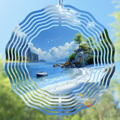 Coastal Wind Spinner Sublimation Design with a boat, for personalized projects, and creative sublimation items.