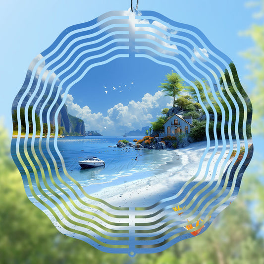 Coastal Wind Spinner Sublimation Design with a boat, for personalized projects, and creative sublimation items.