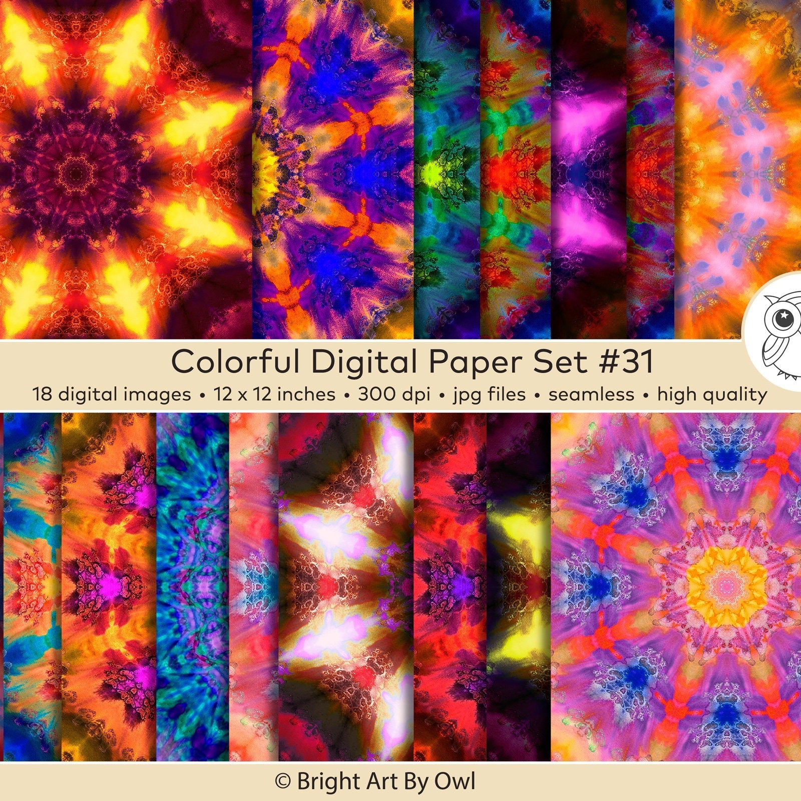 Colorful digital paper set with mandala patterns and geometric designs, sacred geometry backgrounds.