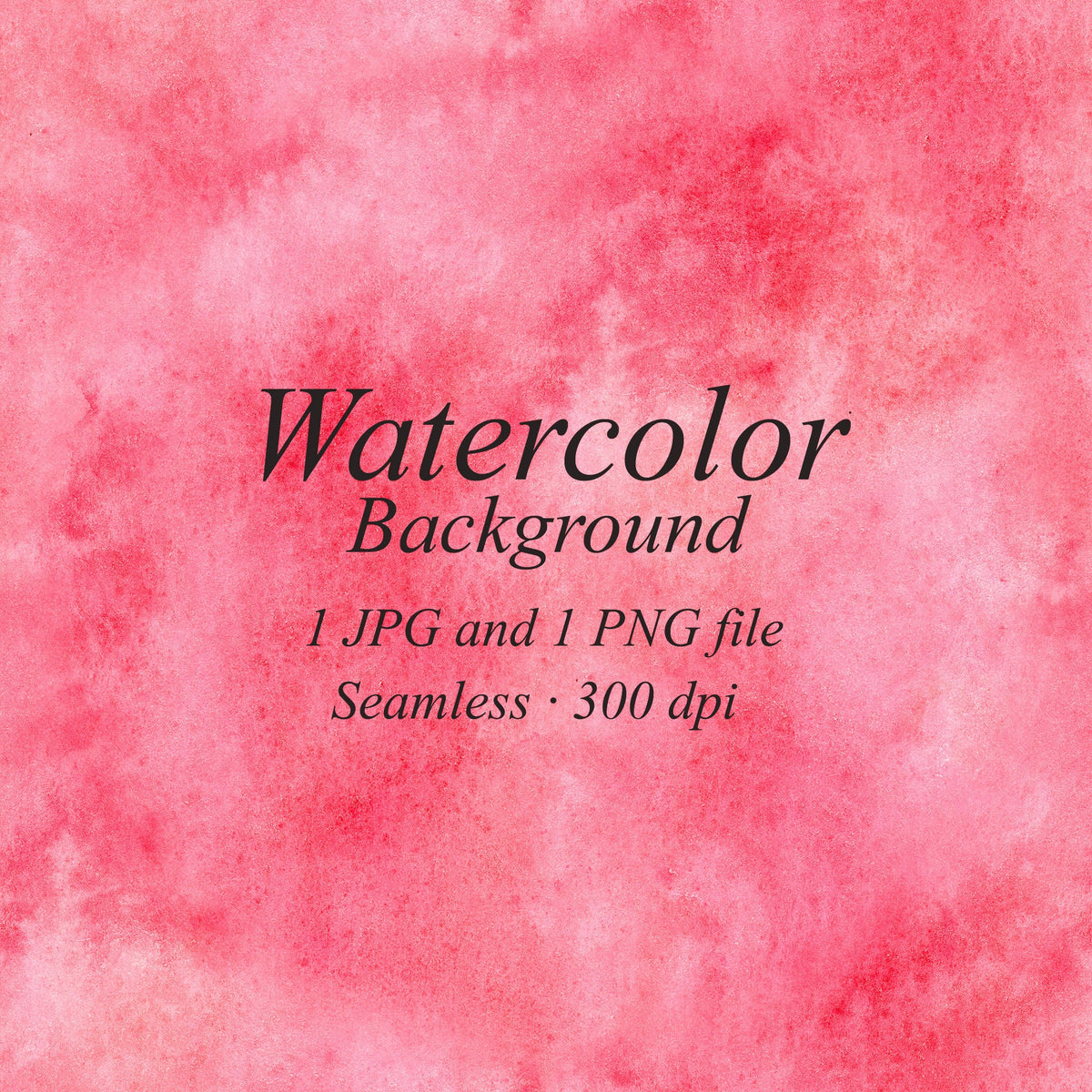  Coral red and pink watercolor background with mottled washes, darker pigment patches, and fine paper texture. Text: “Watercolor Background”, “1 JPG and 1 PNG file”, “Seamless · 300 dpi”.