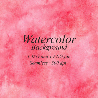  Coral red and pink watercolor background with mottled washes, darker pigment patches, and fine paper texture. Text: “Watercolor Background”, “1 JPG and 1 PNG file”, “Seamless · 300 dpi”.