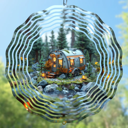 Cozy caravan wind- spinner sublimation design with a forest scene and camper van