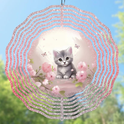Cute gray kitten with flowers wind spinner sublimation design