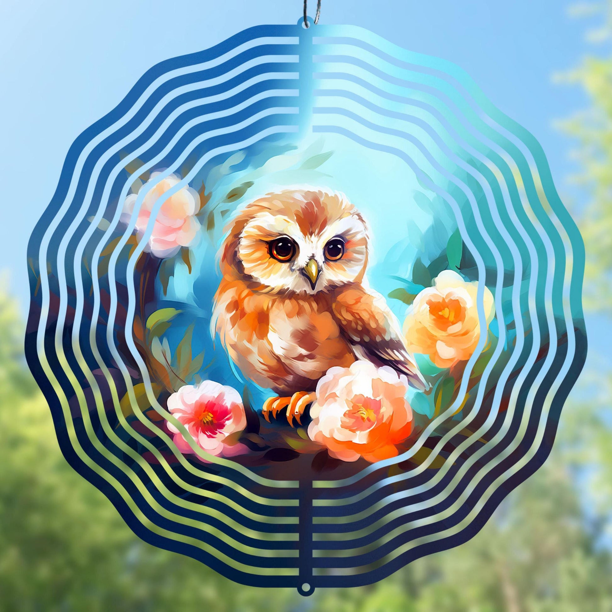 Wind spinner sublimation design with an owl and flowers