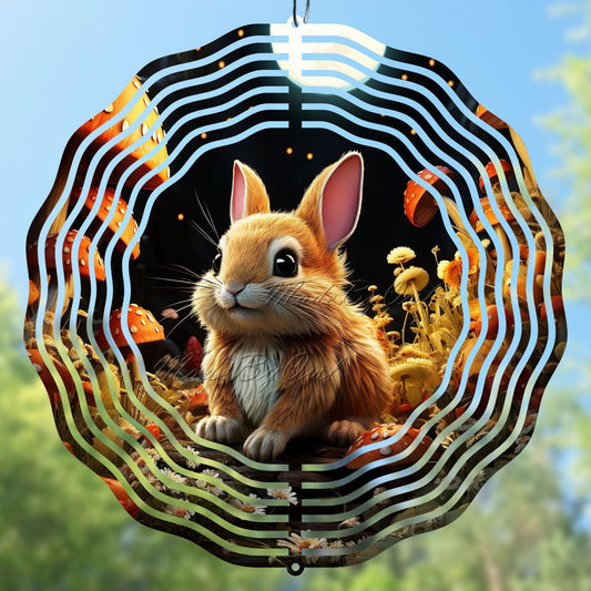 Сгеу wind spinner design with a rabbit against a natural background
