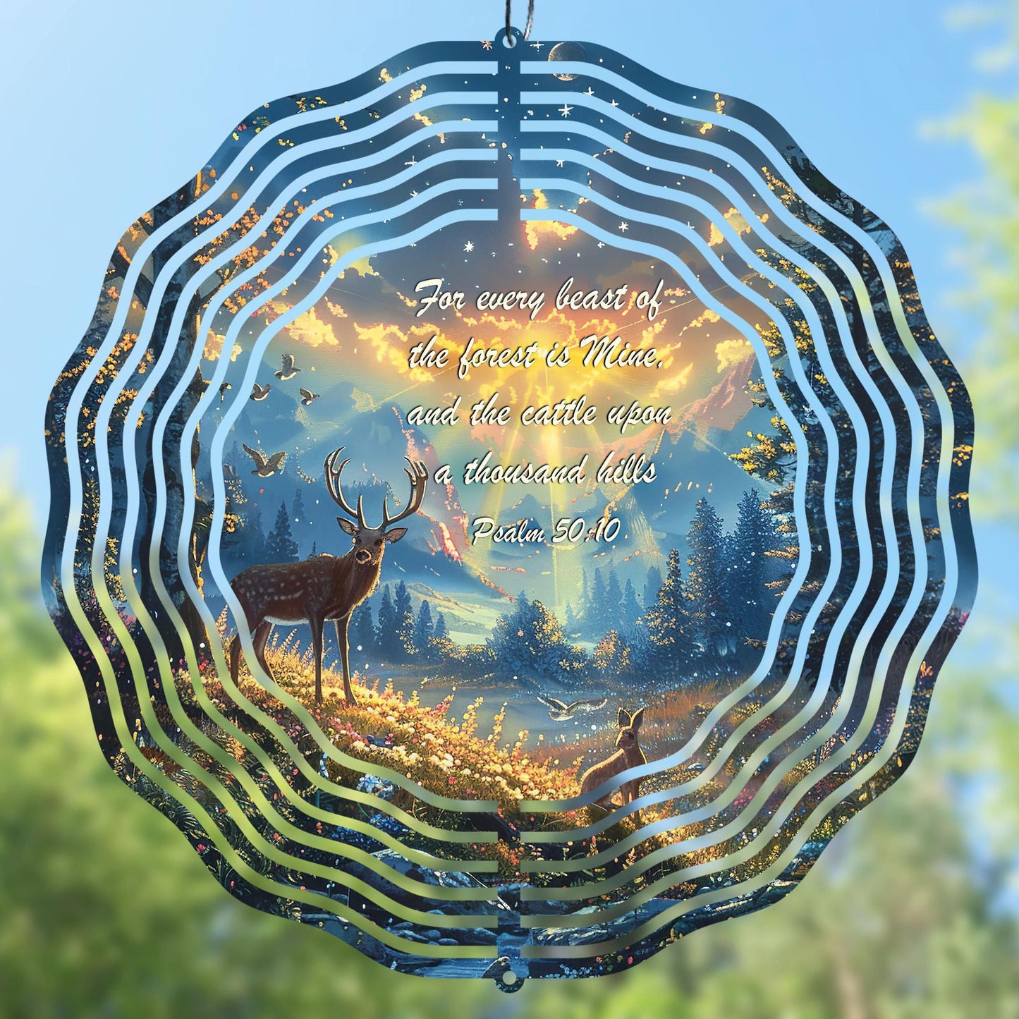 High-resolution Christian wind spinner sublimation design featuring a faith theme. Digital PNG file with deer, perfect for creating DIY wind spinners, personalized Christian gifts, outdoor garden decor, sublimation crafts, and small business projects. Printable round design for spiritual and inspirational creations.
