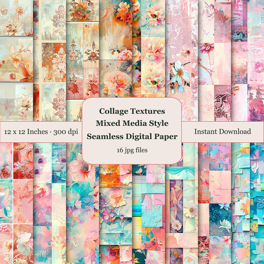 Collage of floral and abstract patterns. 3D Floral Digital Paper Instant Download.