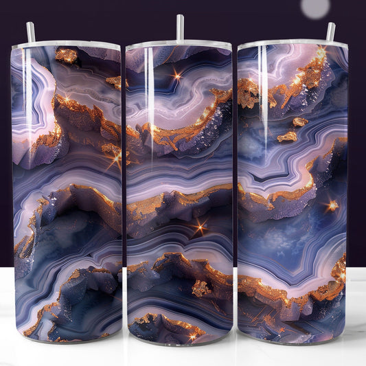 20oz agate tumbler wrap with dusty blue gold geode pattern. Seamless printable sublimation design.