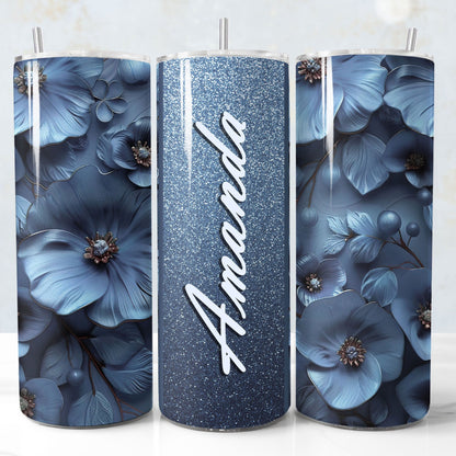 Dusty Blue glitter 3D floral tumbler wrap PNG for 20oz sublimation tumblers with customizable name field