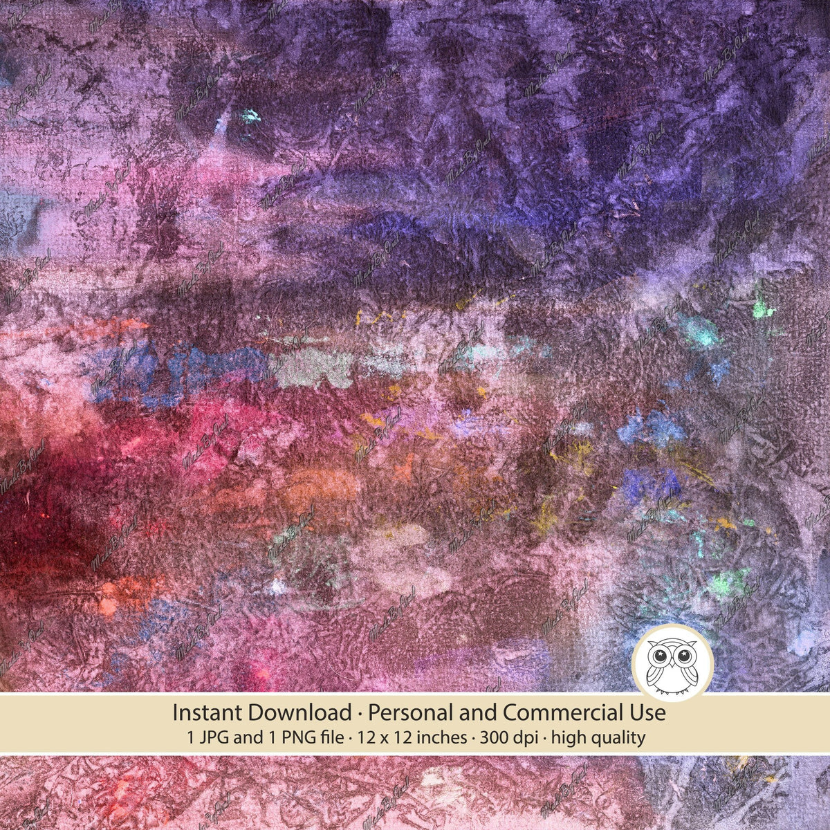 Dusty pink and deep purple grunge background with muted blue-grey patches and a dense distressed texture.