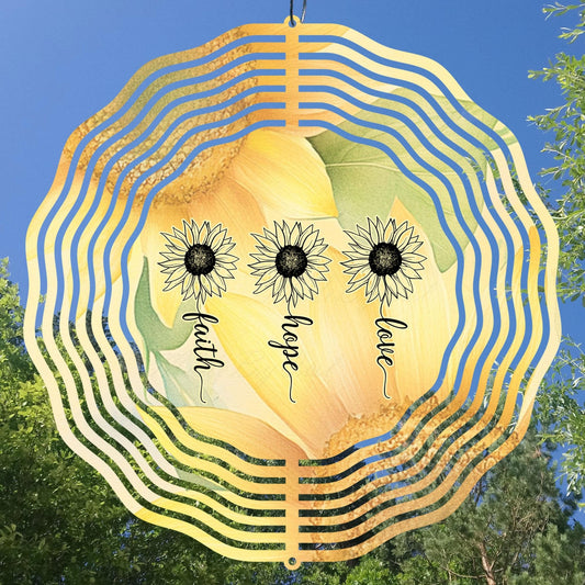 Wind spinner design with sunflowers and text "Faith Hope Love".