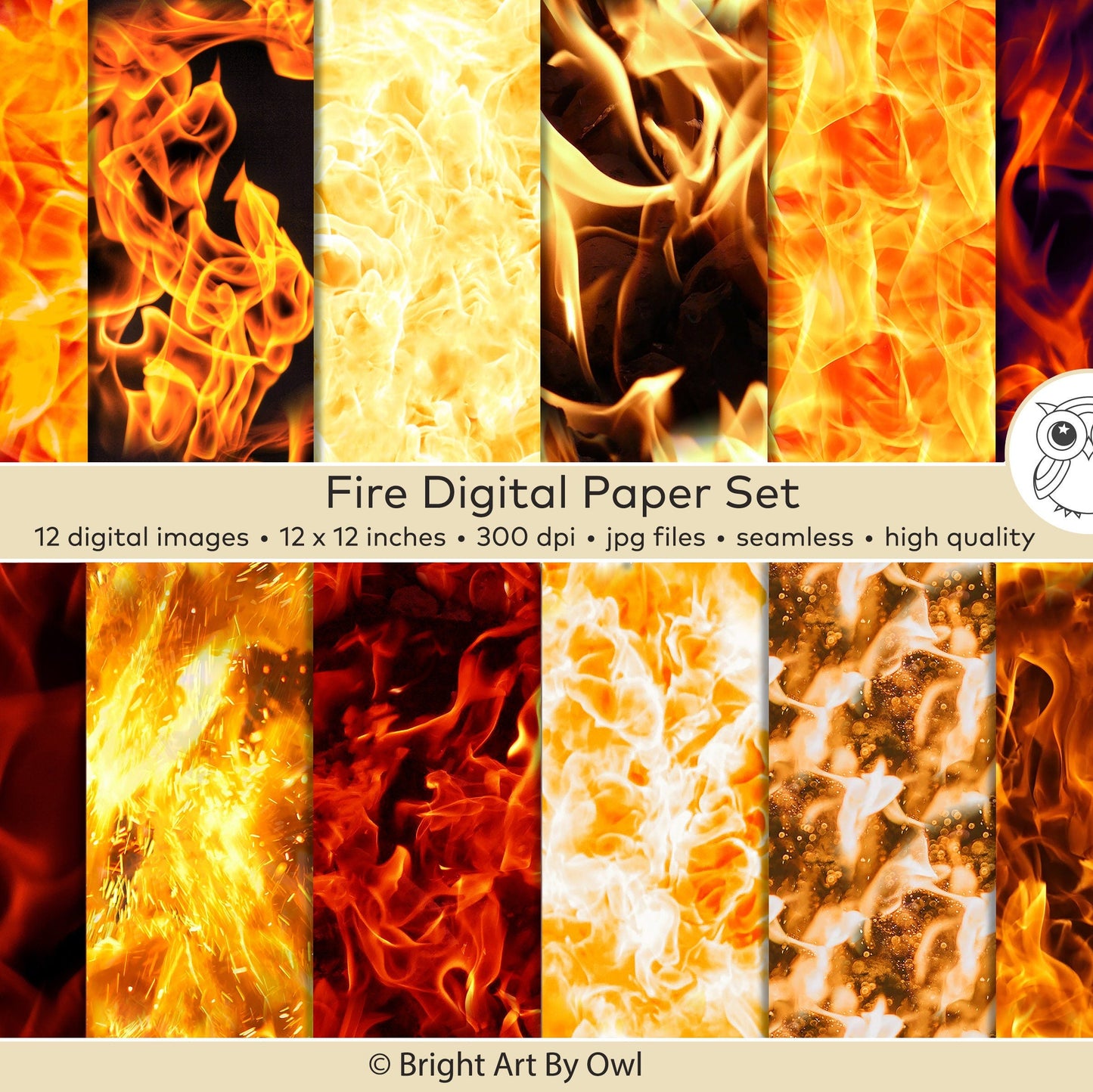 Fire digital paper set with various flame patterns and flame backgrounds