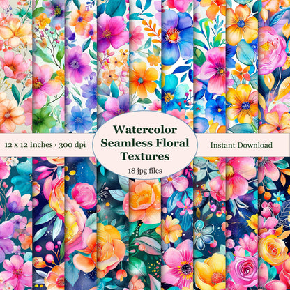 Collection of watercolor floral textures with various flowers and leaves. Colorful Flowers Digital Paper.