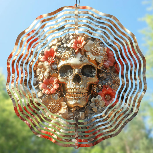 Wind spinner with skull and floral design preview