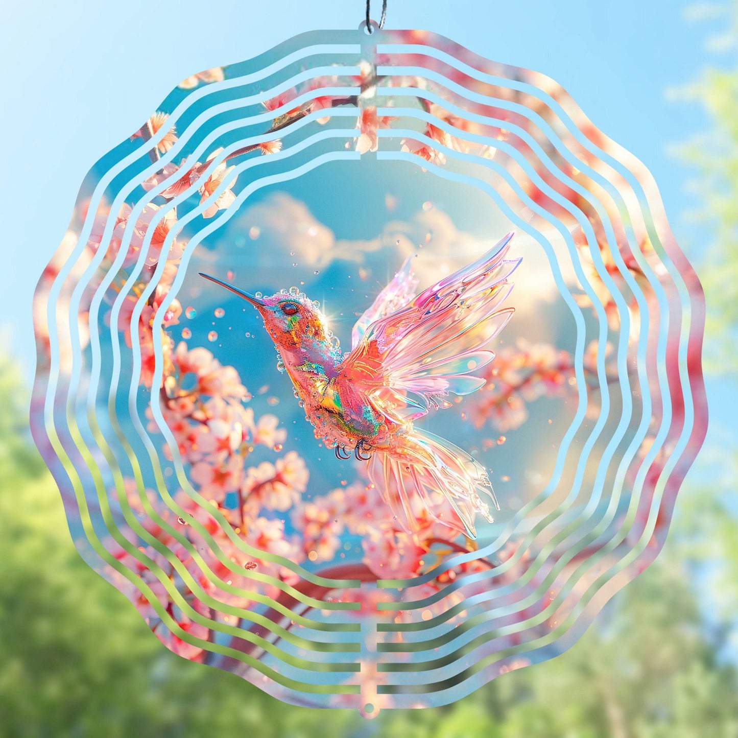 Wind spinner sublimation design with a colorful hummingbird against a blue sky and cherry blossom background.