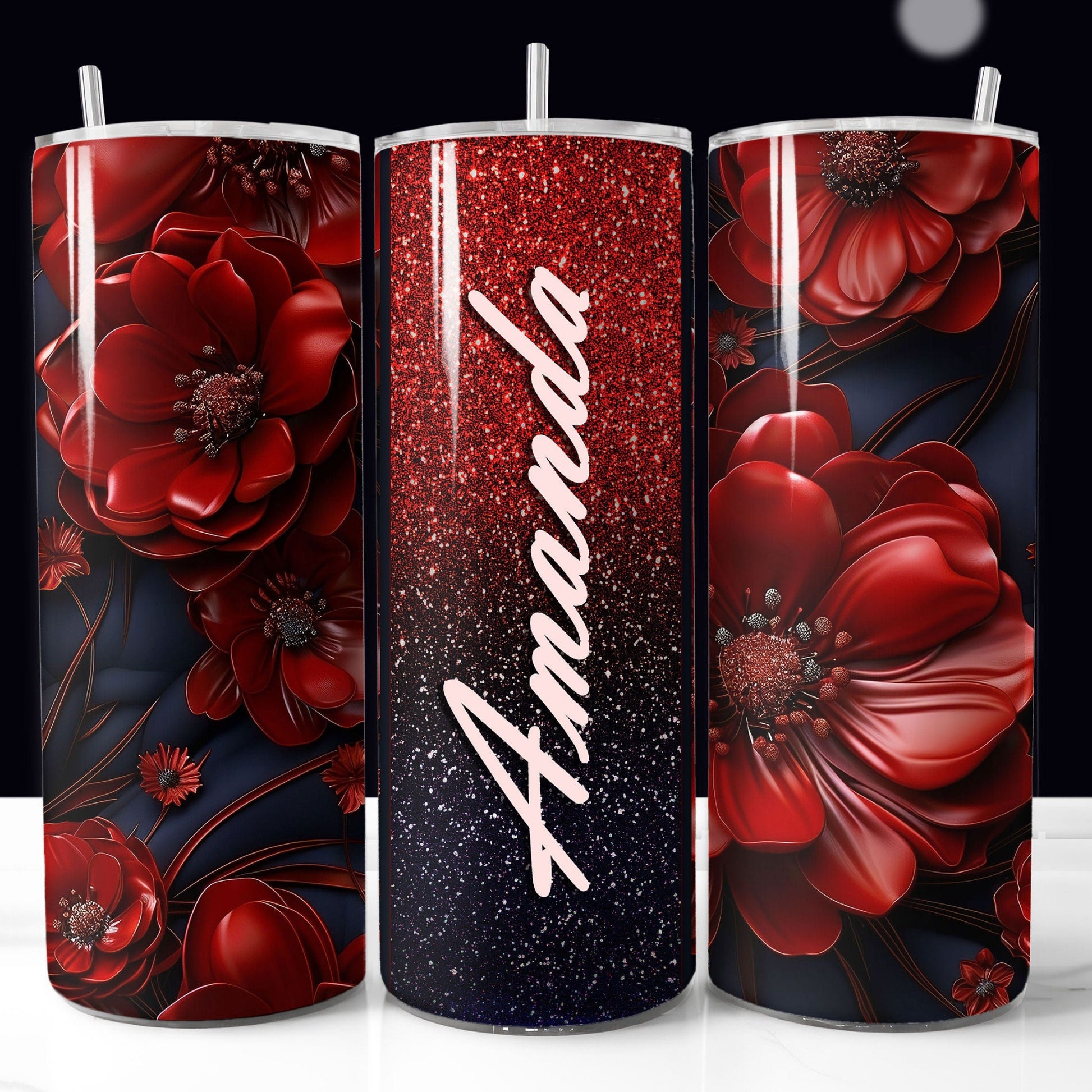 Dark Blue Red glitter 3D floral tumbler wrap PNG for 20oz sublimation tumblers with customizable name field