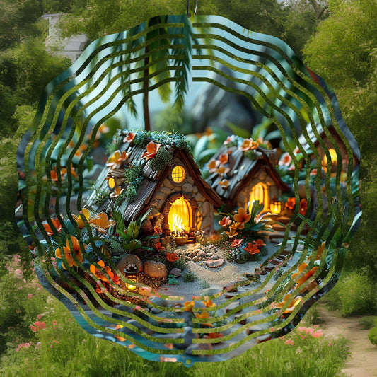 Wind spinner sublimation design with a small house in a forest, surrounded by nature.