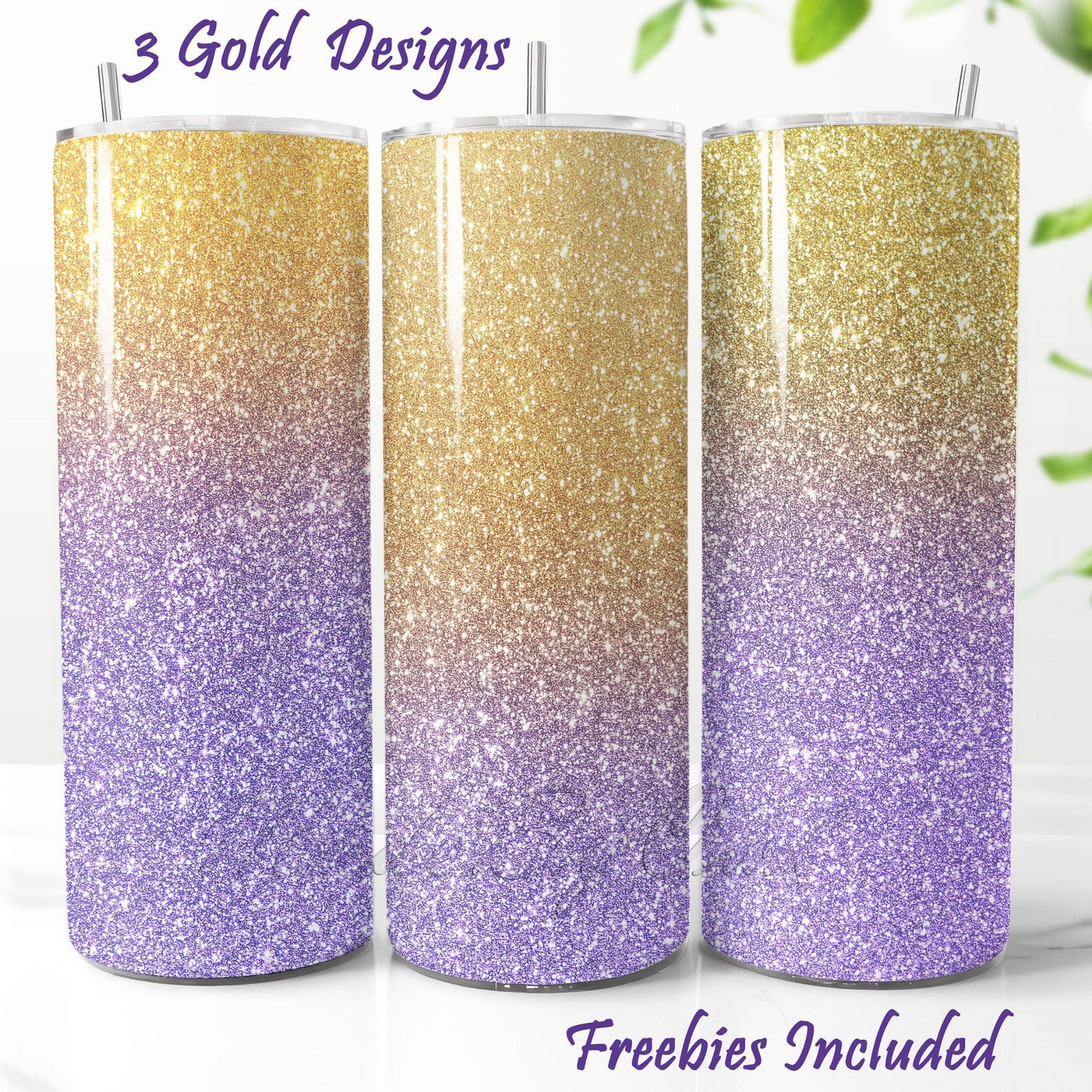 Three gold and lilac glitter tumbler sublimation wrap designs showing different shade variations for 20oz tumblers
