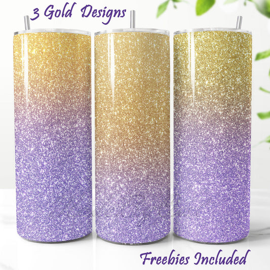 Three gold and lilac glitter tumbler sublimation wrap designs showing different shade variations for 20oz tumblers
