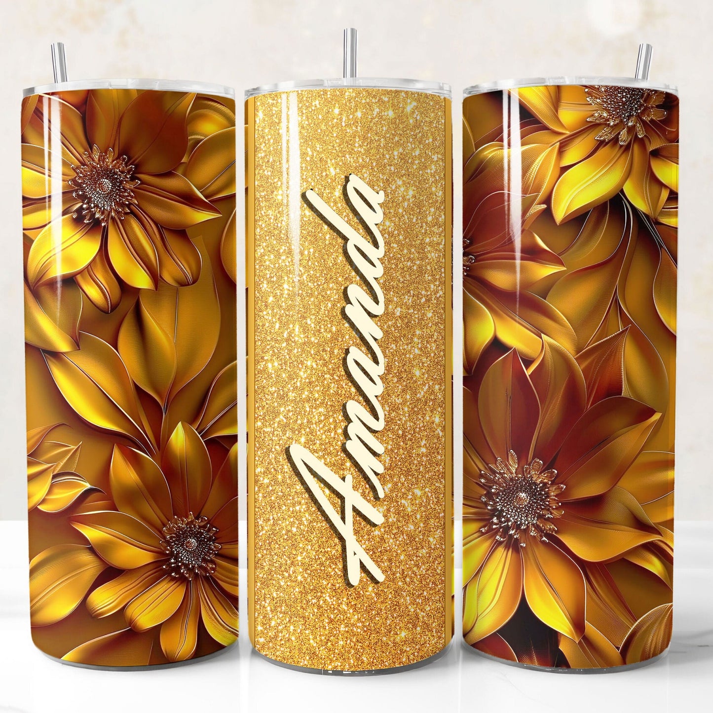 Gold glitter 3D floral tumbler wrap PNG for 20oz sublimation tumblers with customizable name field