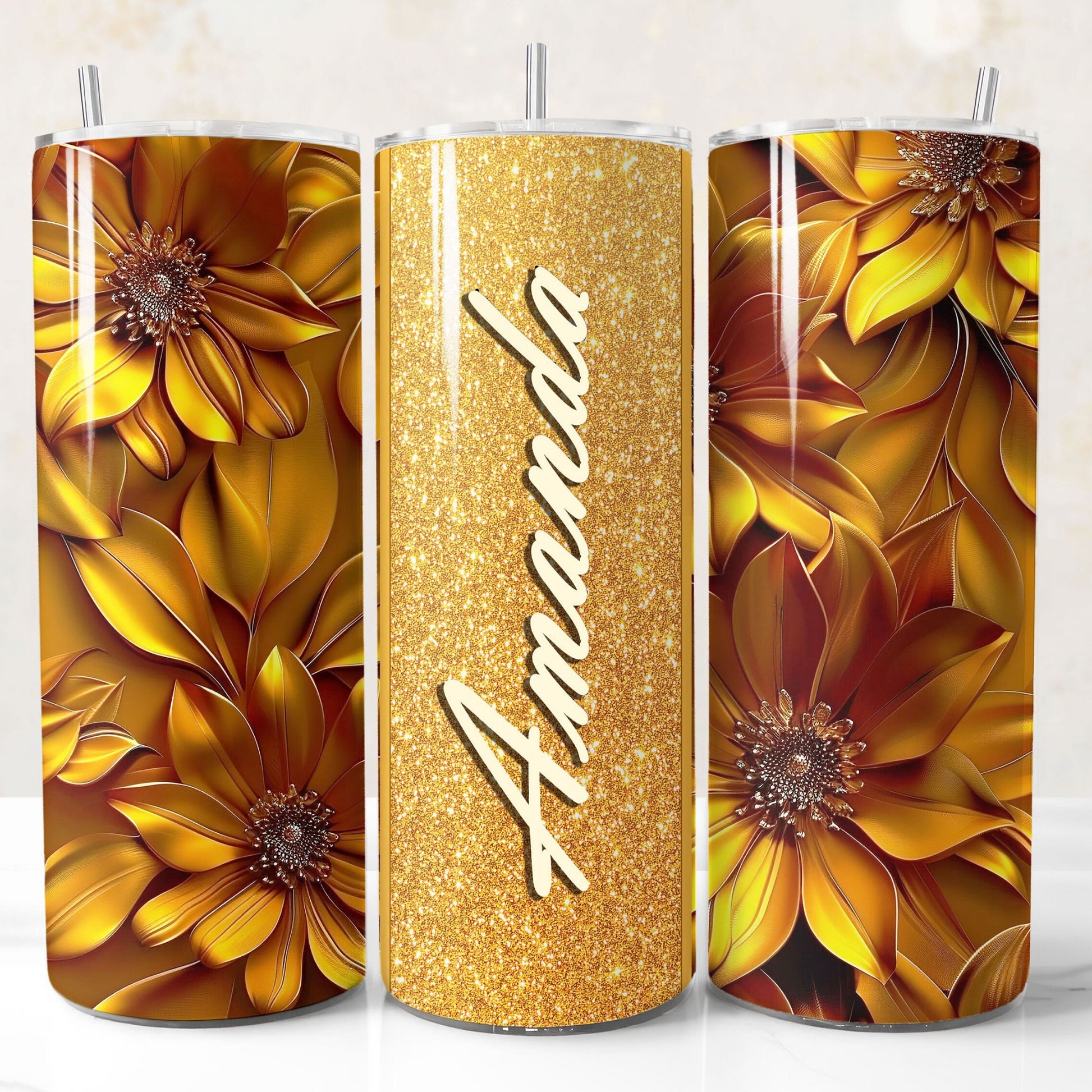 Gold glitter 3D floral tumbler wrap PNG for 20oz sublimation tumblers with customizable name field