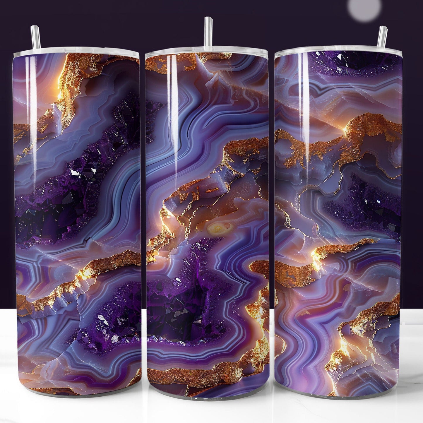 Gold purple geode 20oz sublimation tumbler wrap design, seamless PNG for DIY projects, personalized gifts, and commercial sales, ideal for makers and small businesses.
