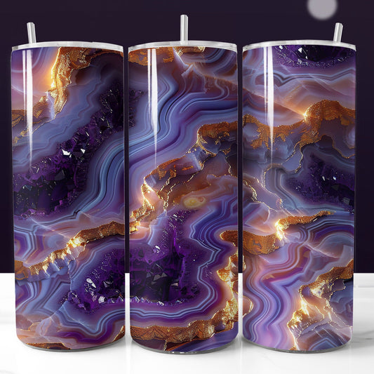 Gold purple geode 20oz sublimation tumbler wrap design, seamless PNG for DIY projects, personalized gifts, and commercial sales, ideal for makers and small businesses.