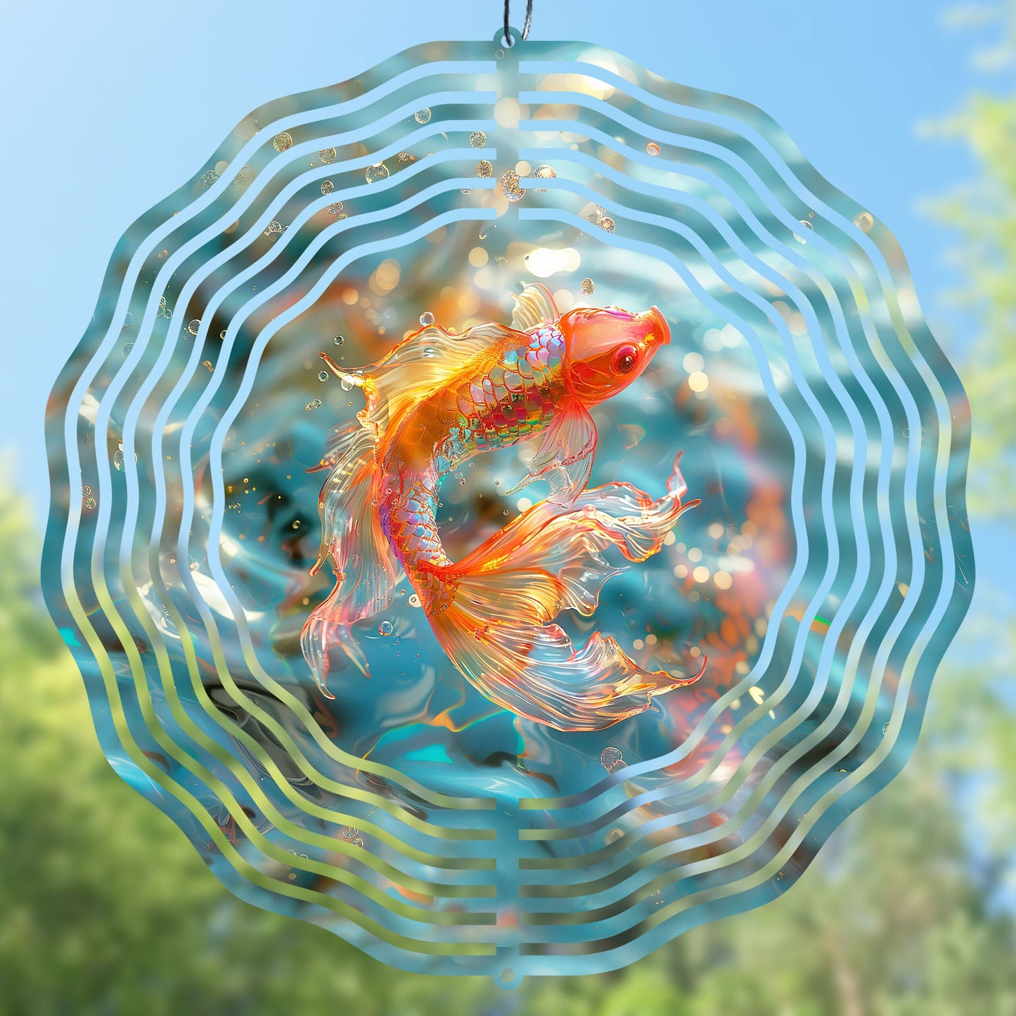 Wind spinner preview with a goldfish design against a blue sky and green trees background