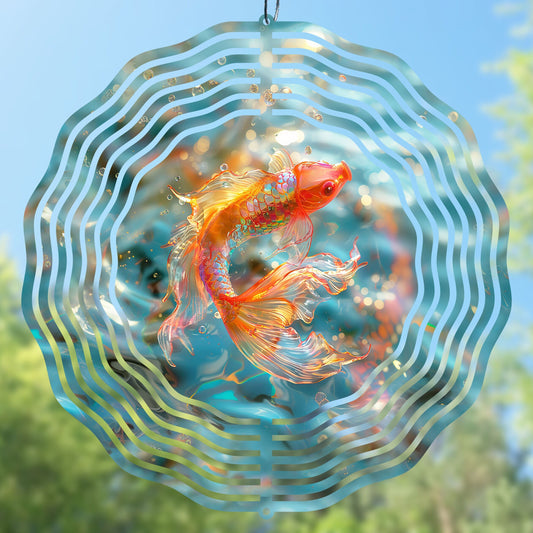 Wind spinner preview with a goldfish design against a blue sky and green trees background