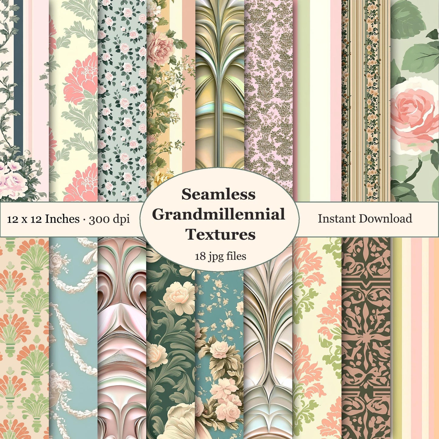 Collection of seamless Grandmillennial textures with floral and abstract designs. Digital Download.