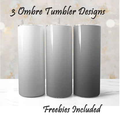 Three monochrome grey ombre tumbler sublimation designs with text about freebies included. For DIY and commercial use.