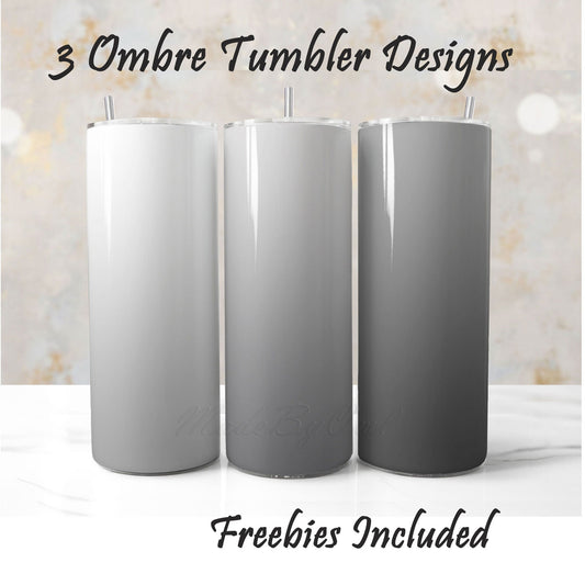 Three monochrome grey ombre tumbler sublimation designs with text about freebies included. For DIY and commercial use.