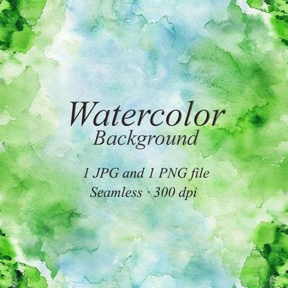 Watercolor background with green and blue hues, featuring text about file formats and resolution.