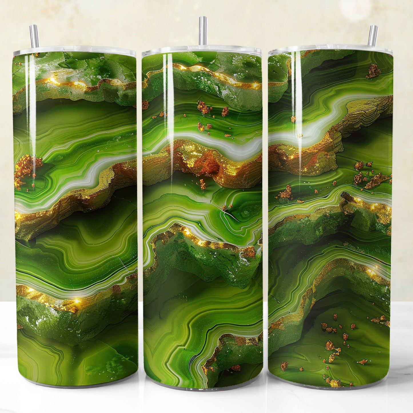 Create vibrant 20oz tumblers with this green and gold geode sublimation wrap PNG, suitable for personal crafting, custom orders, and commercial products.