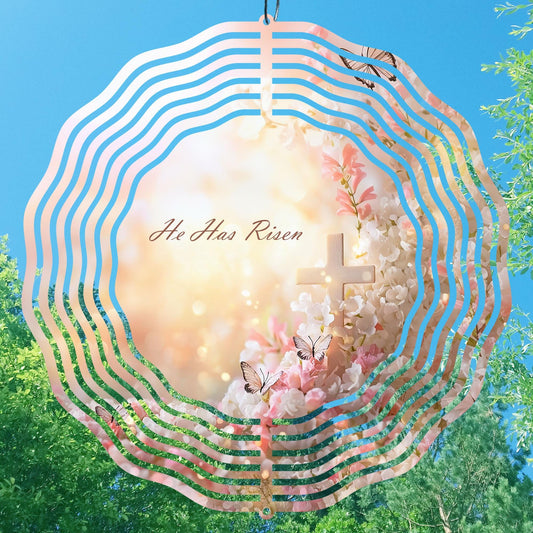 Sublimation wind spinner with floral design and 'He Has Risen' text