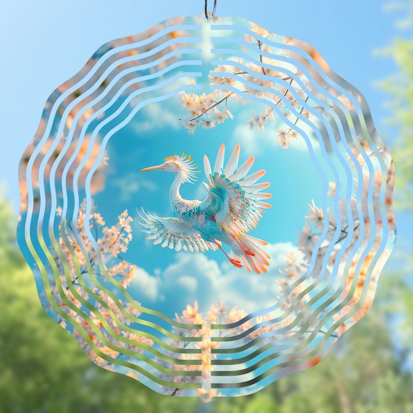 Wind spinner sublimation design with a heron bird against a blue sky and tree background
