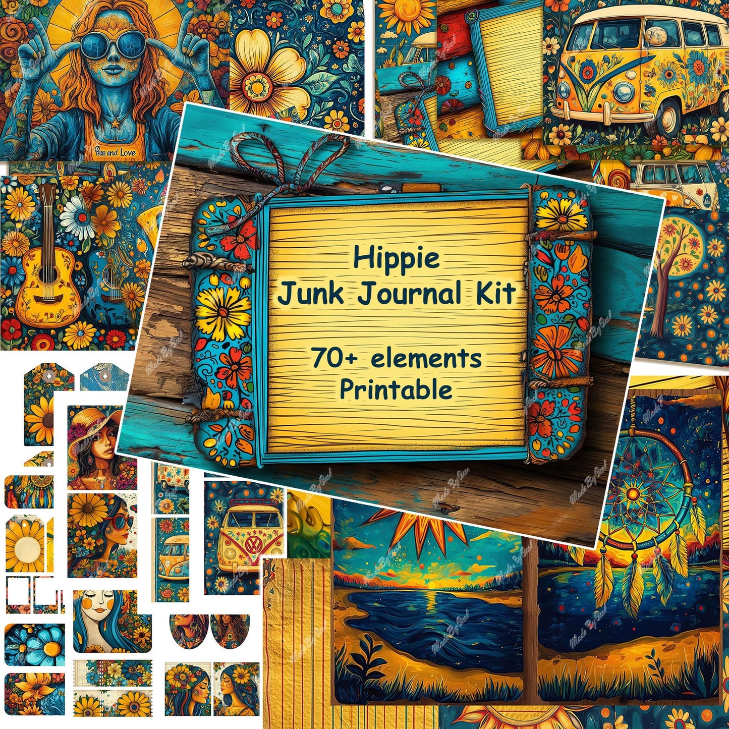 Hippie Junk Journal Kit with colorful elements with dreamcatchers and floral motifs.