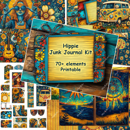 Hippie Junk Journal Kit with colorful elements with dreamcatchers and floral motifs.