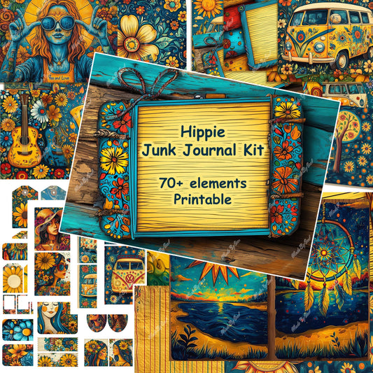 Hippie Junk Journal Kit with colorful elements with dreamcatchers and floral motifs.