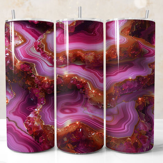 Seamless 20oz hot pink and gold geode tumbler wrap PNG for sublimation, perfect for crafting unique drinkware, shop items, and personal gifts, with commercial use allowed.