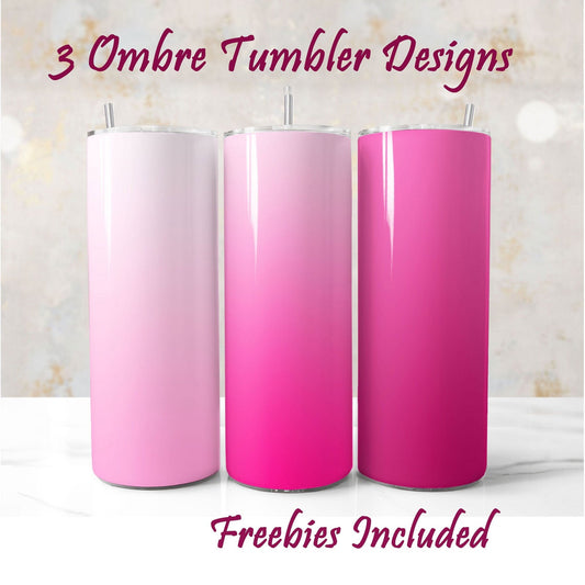 Three ombre tumbler designs in pink with text about freebies included. For DIY and commercial use