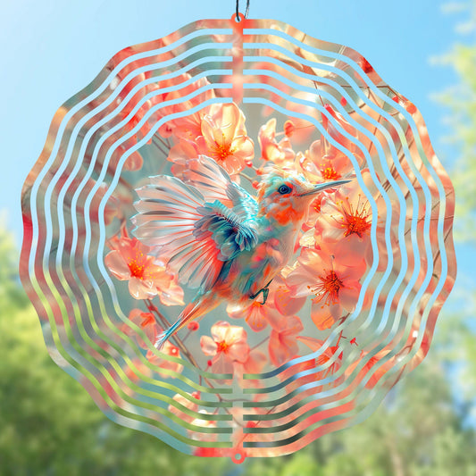 Vibrant hummingbird wind spinner design with floral elements for custom items in creative projects. 