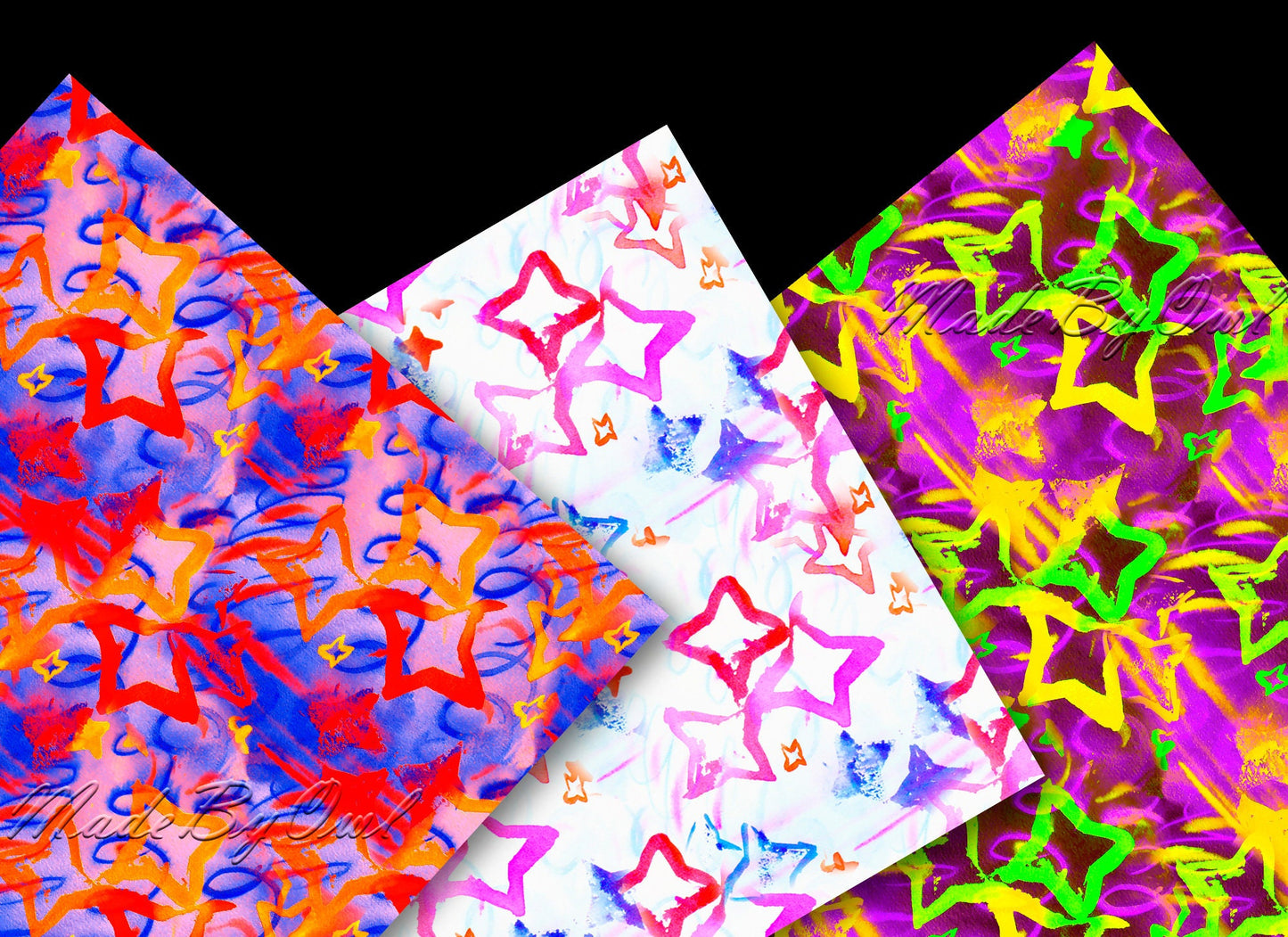 Watercolor Stars Tileable Patterns, Colorful Neon Stars Backgrounds