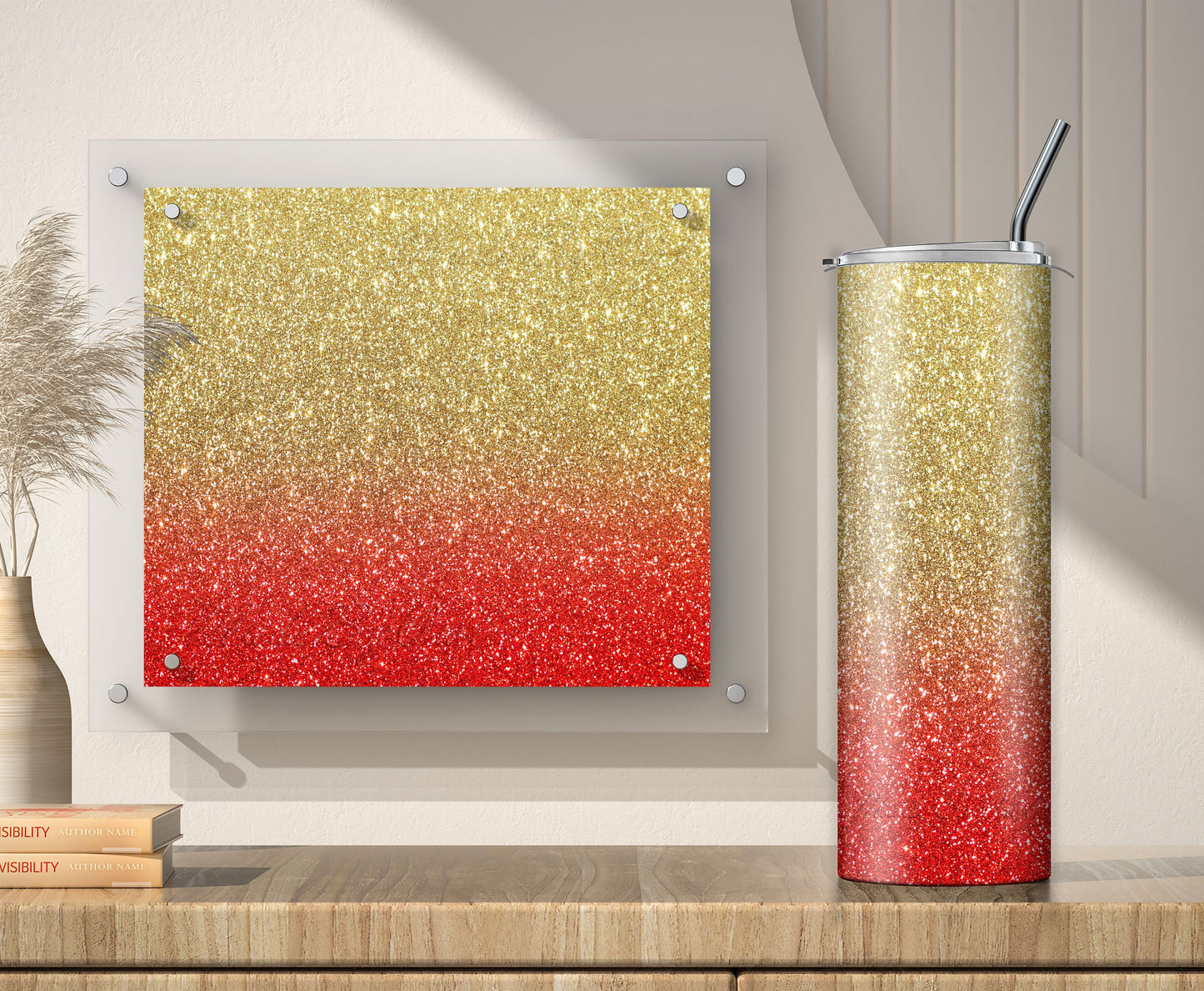 3 Gold to Red Glitter Tumbler Sublimation Designs – 3 PNG Wraps (20oz)