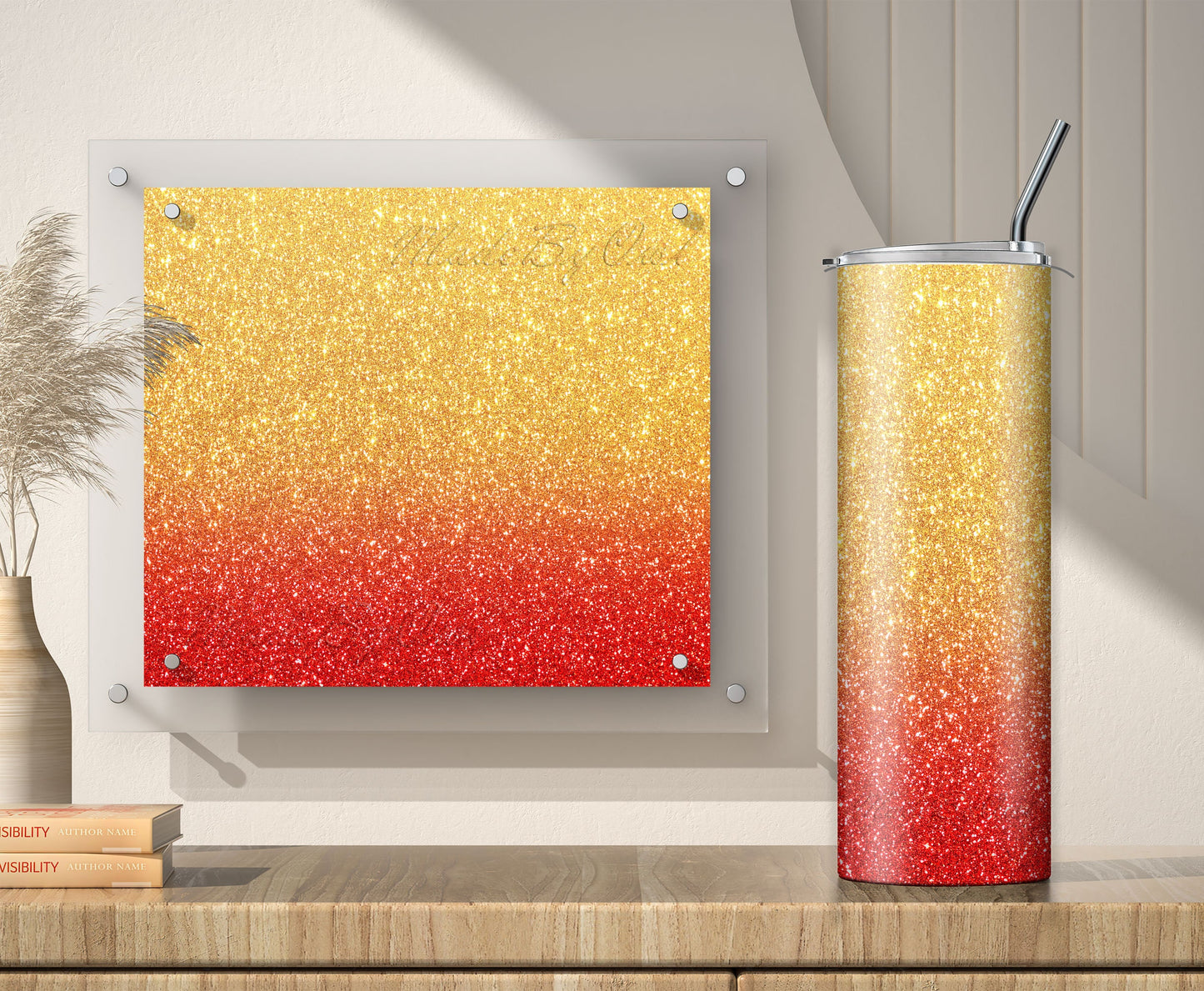 3 Gold to Red Glitter Tumbler Sublimation Designs – 3 PNG Wraps (20oz)
