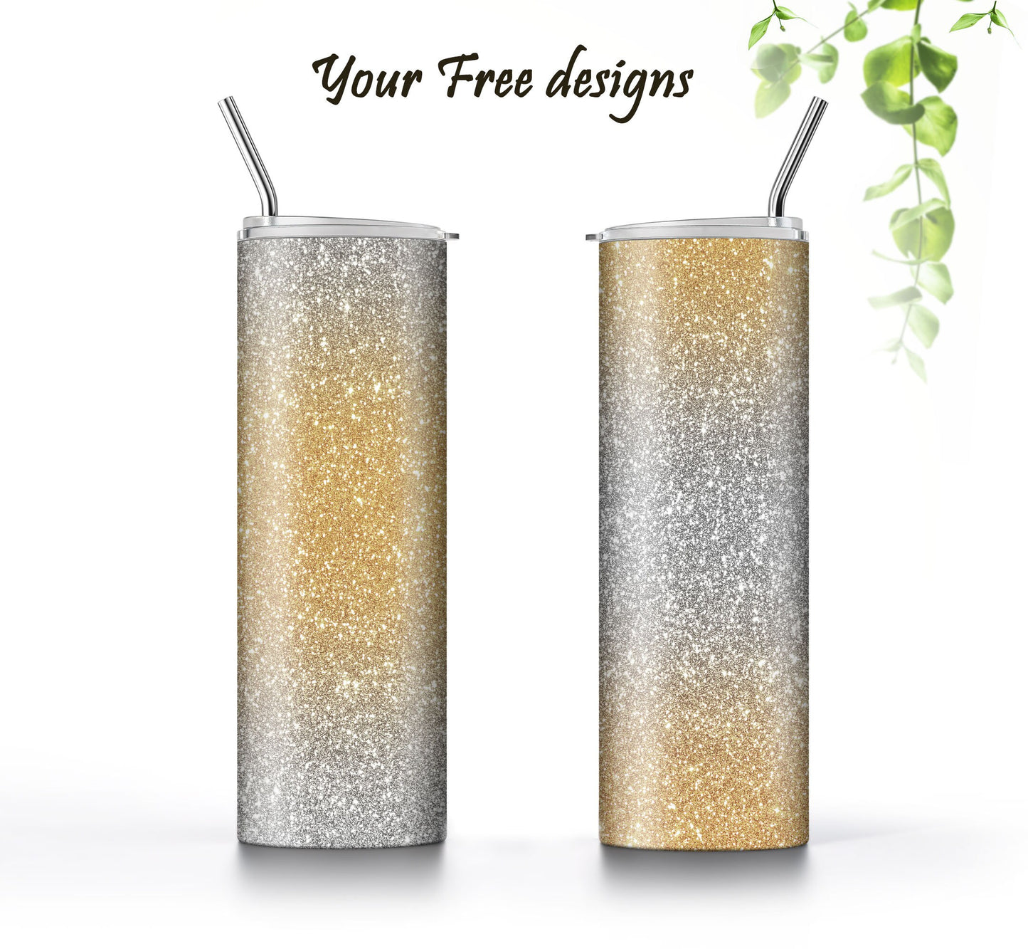 Silver to Gold Ombre Glitter Tumbler Sublimation Designs – 3 PNG Wraps (20oz)
