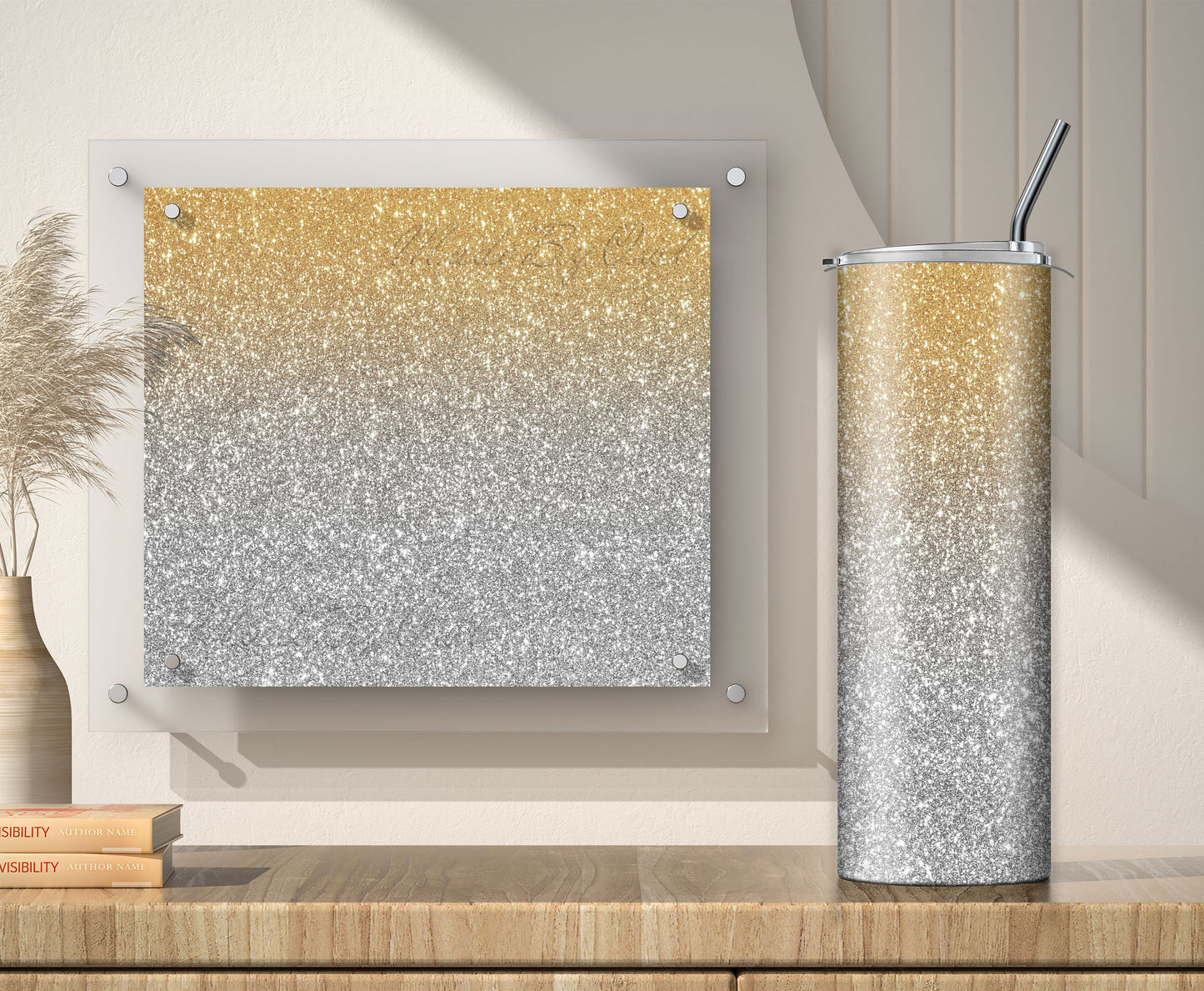 Silver to Gold Ombre Glitter Tumbler Sublimation Designs – 3 PNG Wraps (20oz)