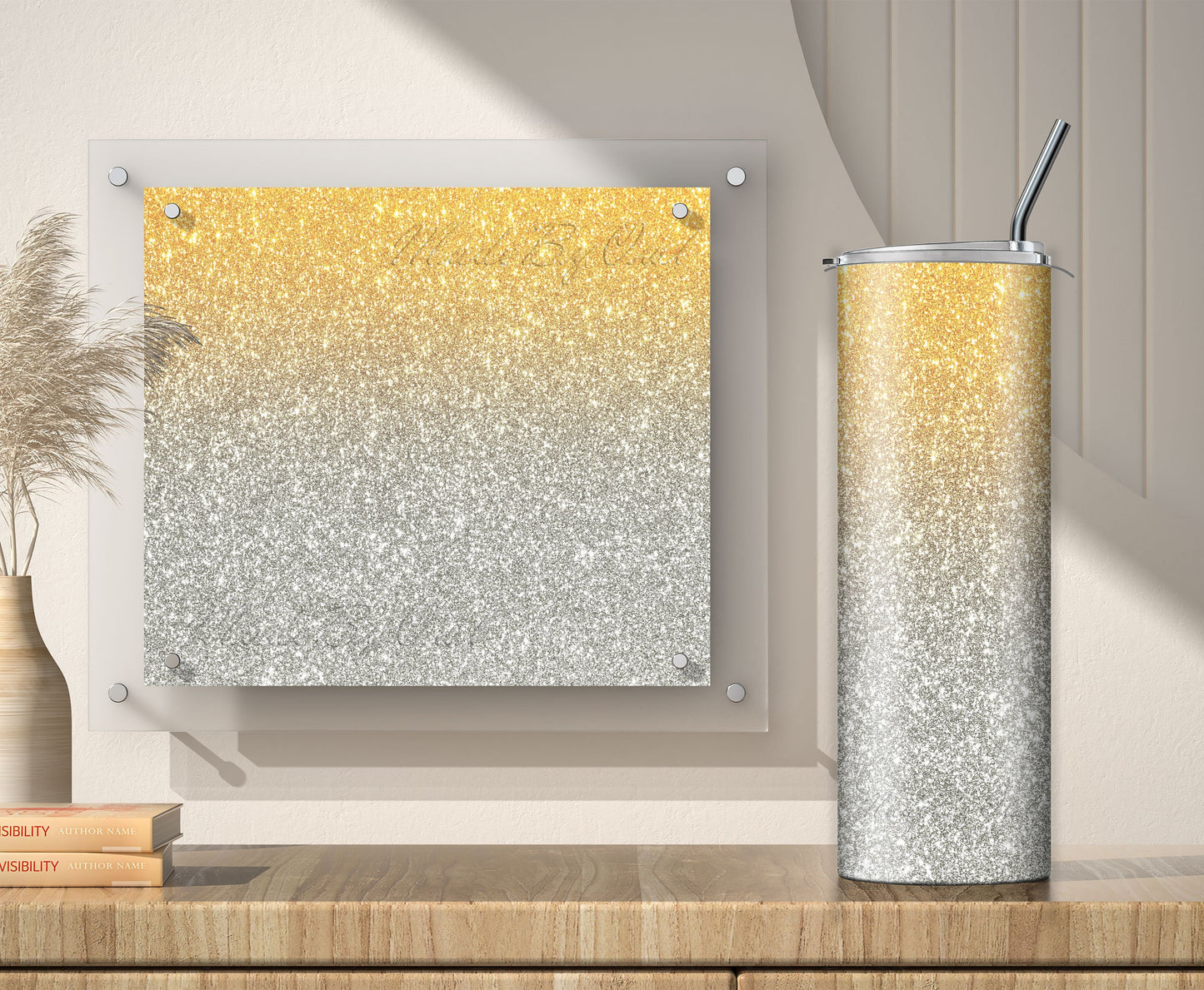 Silver to Gold Ombre Glitter Tumbler Sublimation Designs – 3 PNG Wraps (20oz)